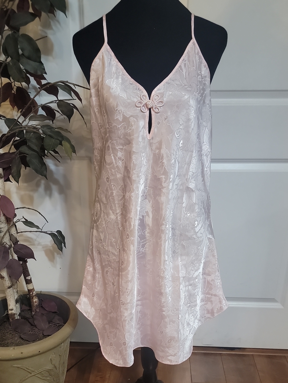 Silky Pale Pink Floral-Trim Satin Slip Chemise